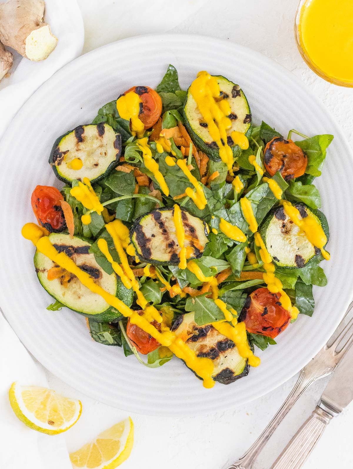 grilled zucchini salad with carrot ginger dressing