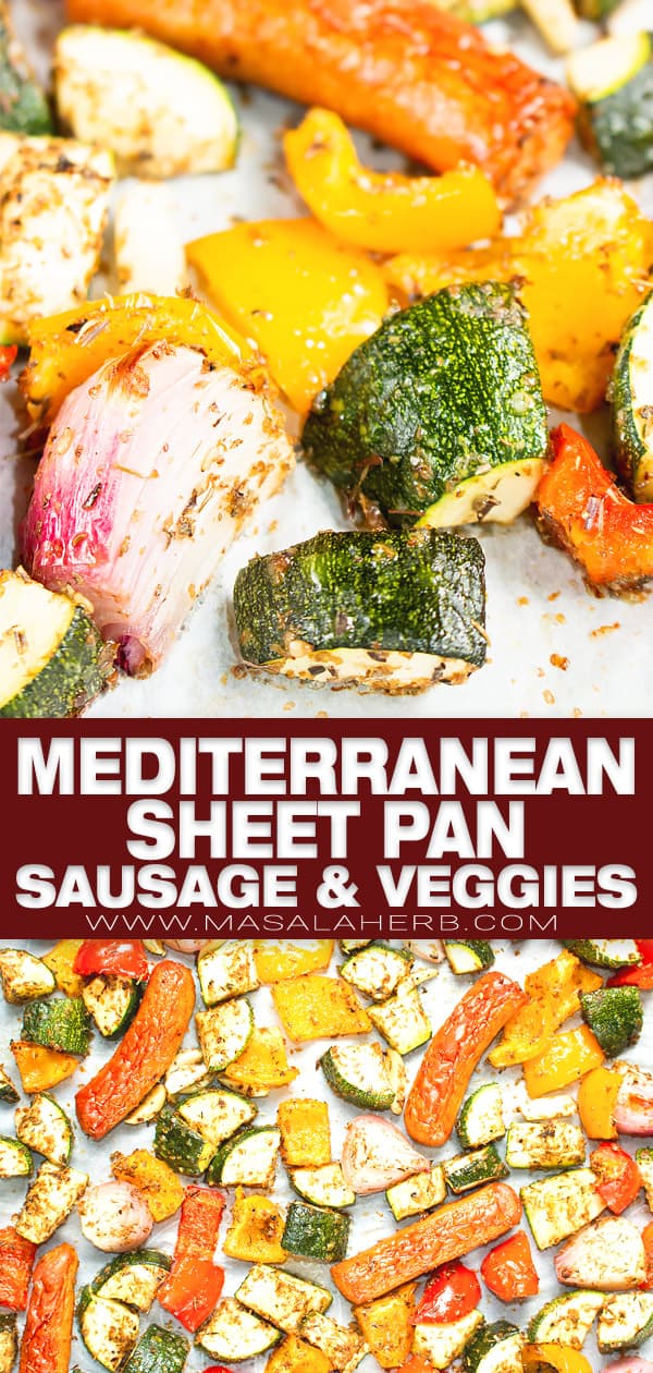 mediterranean sheet pan sausage and veggies pin