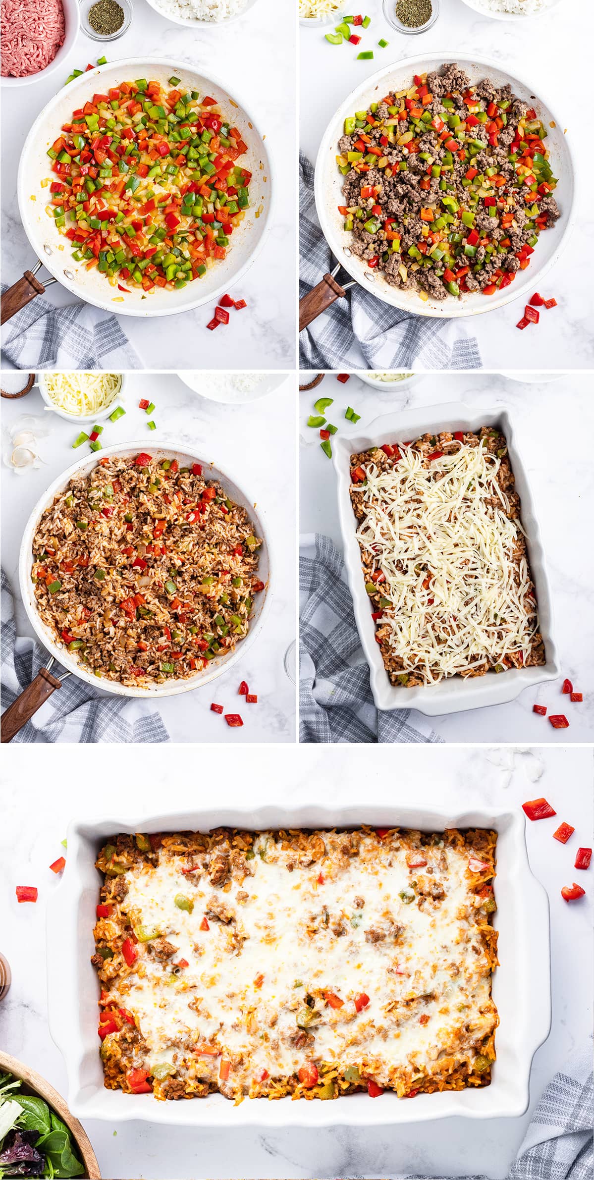 A collage of 5 photos showing the steps to make stuffed pepper casserole. 