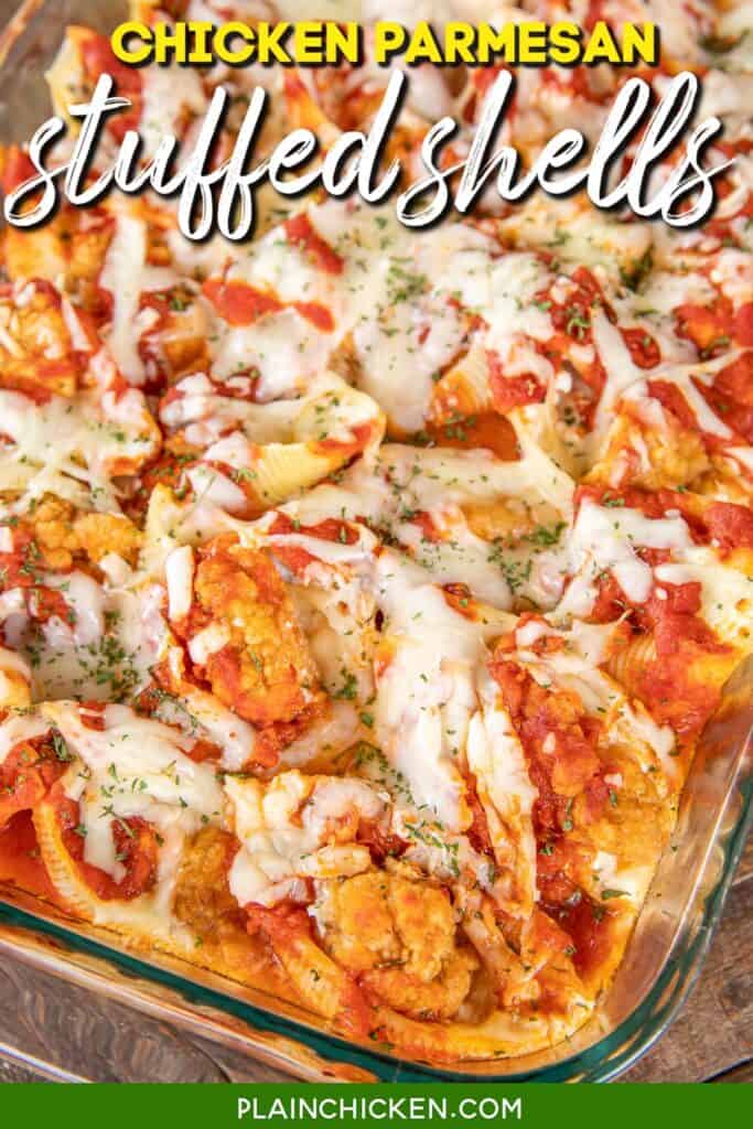 baking dish of stuffed shells with text overlay