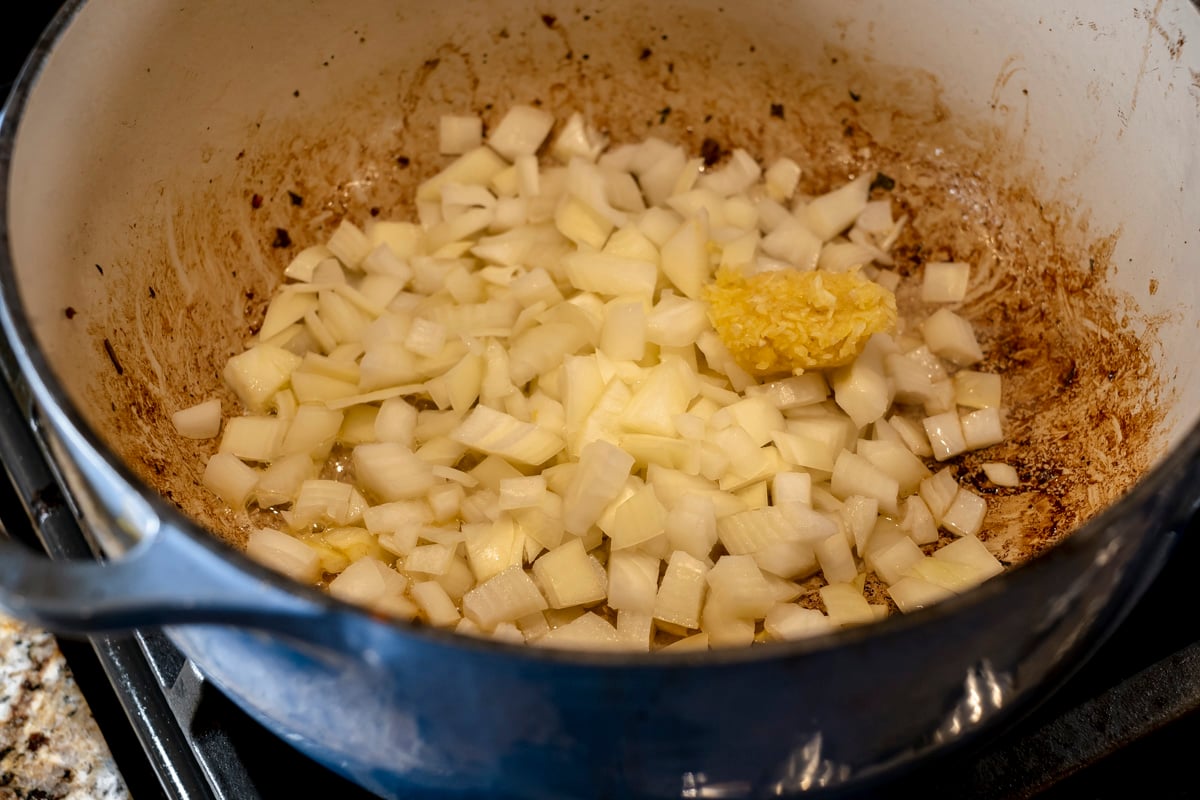 cooking onions and garlic in dutch oven.