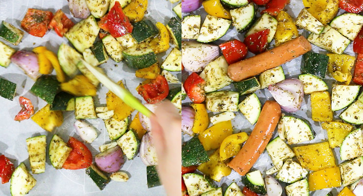 spread marinated veggies and sausages over the sheet pan