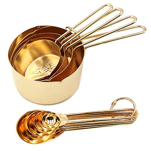 Homestia Gold Measuring Cups and Spoons Set Stainless Steel 8 PIECE for Dry and Liquid Ingredients Engraved Measurement Heavy Duty Baking & Cooking Utensils