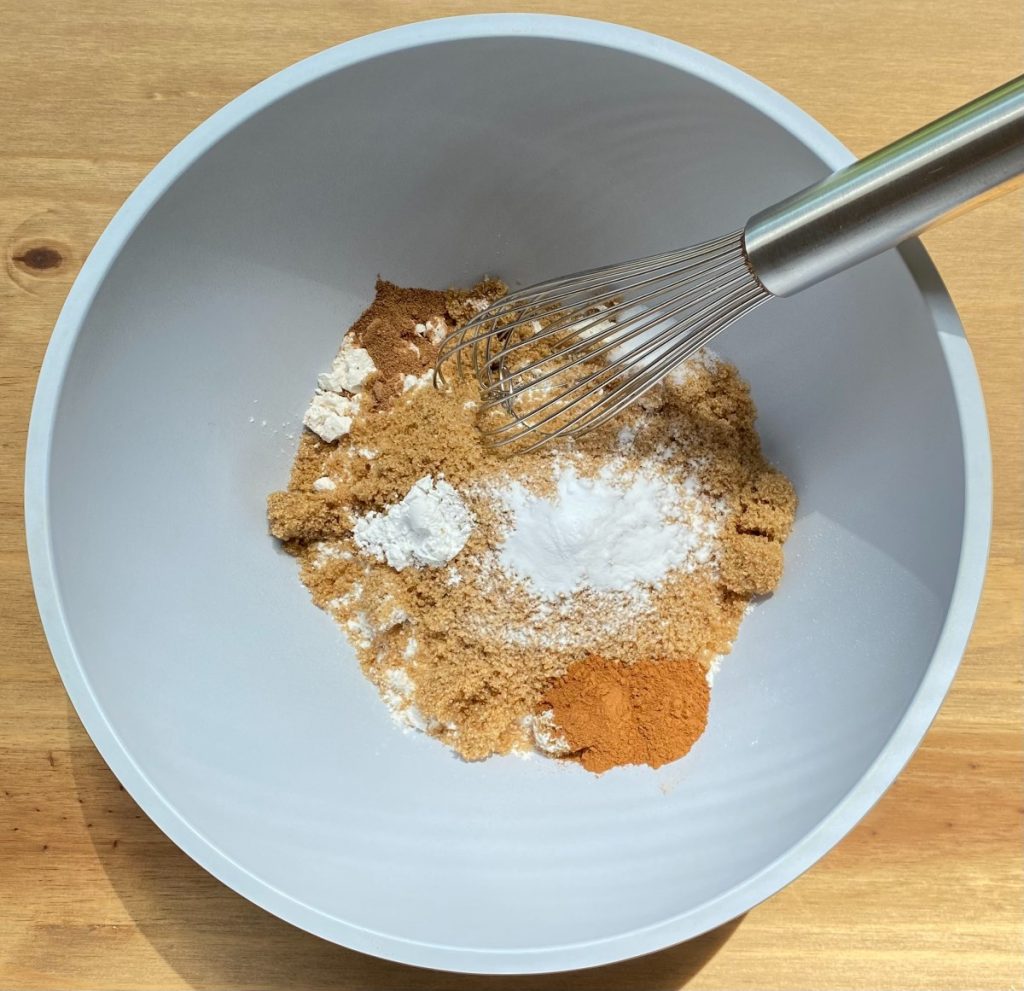large bowl with dry ingredients and whisk.