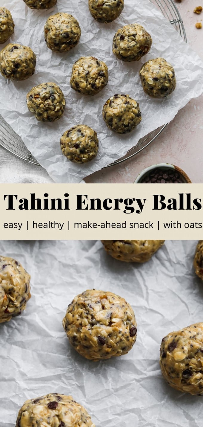 Pinterest graphic for a tahini energy ball recipe.