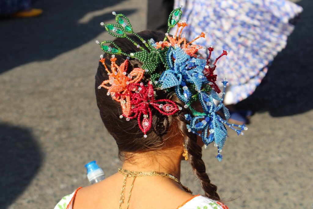 An elaborate floral headpiece.