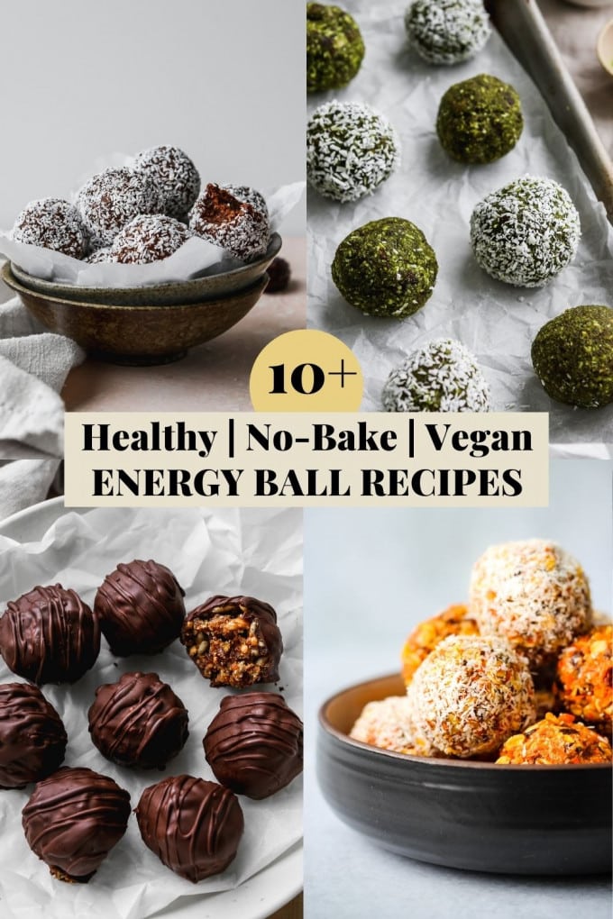 Graphic for a roundup of healthy, no-bake, and vegan energy ball recipes.
