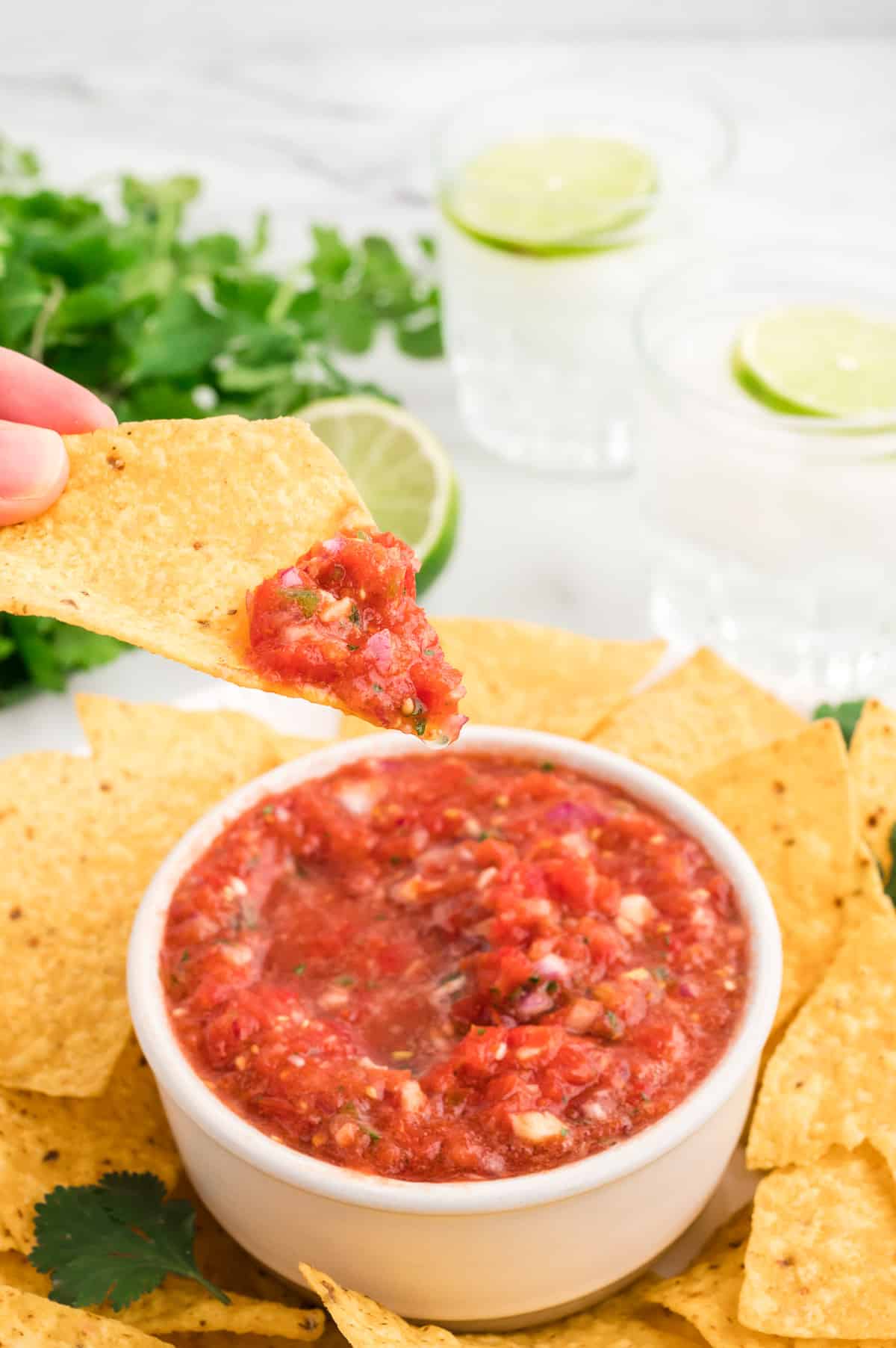 A bowl of salsa surrounded by tortilla chips. A hand is above the salsa holding a chip with a scoop of salsa on it.
