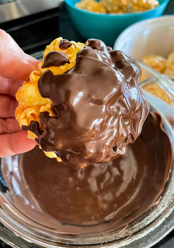 Popcorn balls dipped in chocolate