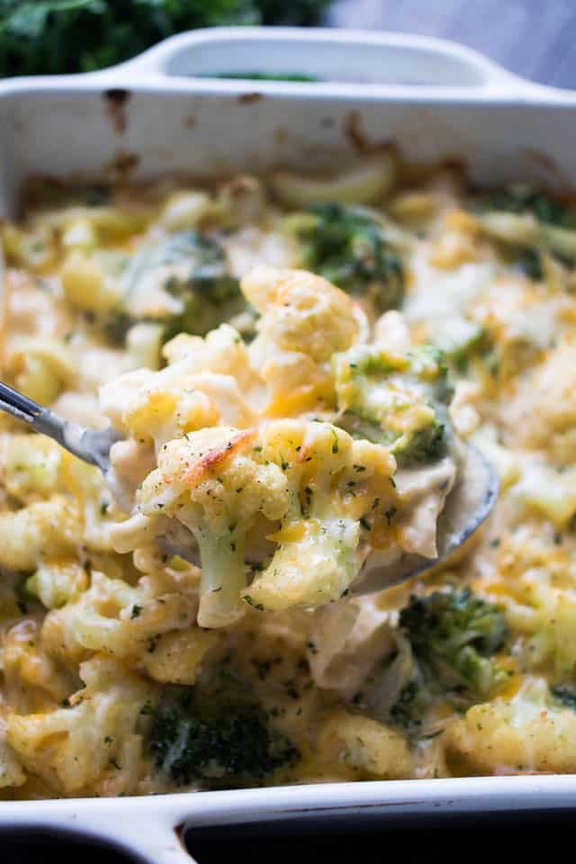 Garlicky and Cheesy Cauliflower Broccoli Bake - A lighter version of everyone's favorite rich and cheesy cauliflower broccoli bake!