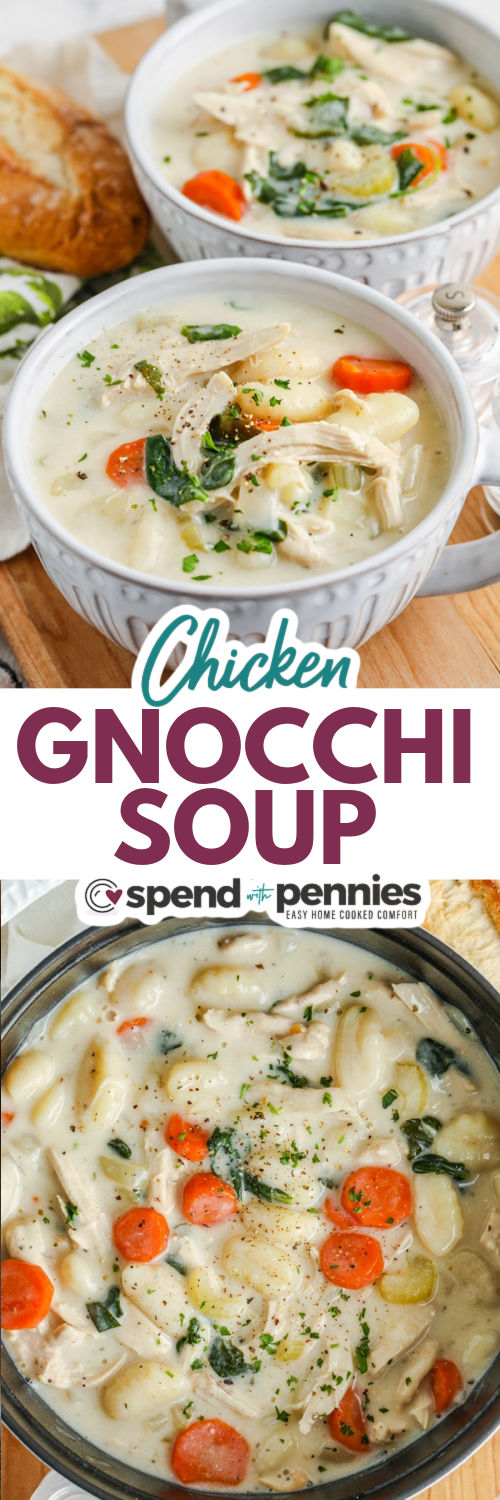 pot full of Chicken Gnocchi Soup and plated dish with writing