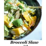 A bowl of broccoli slaw with mango and avocado