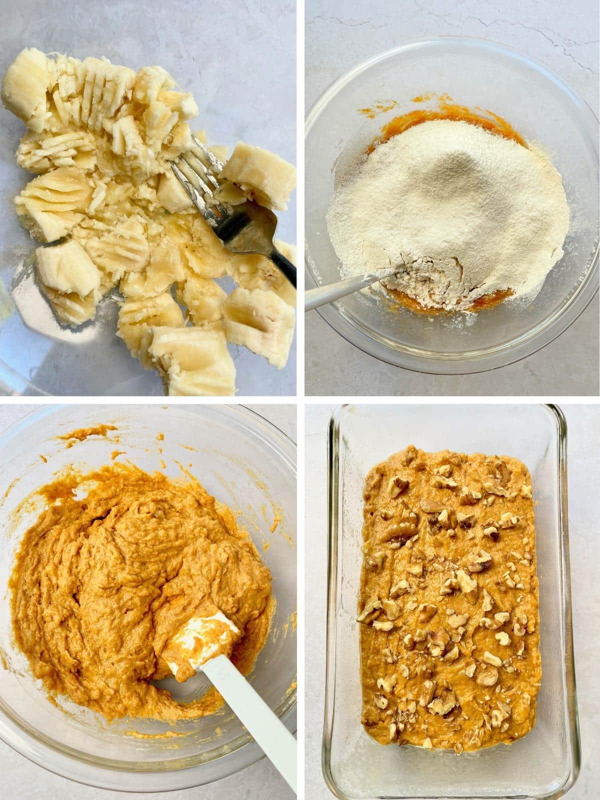 Process steps for pumpkin banana bread.
