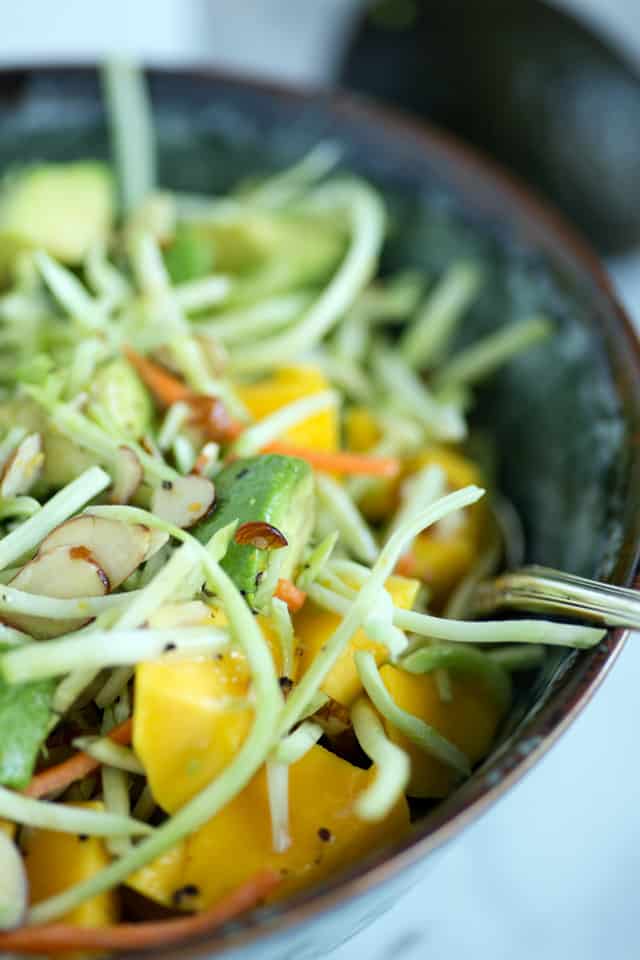 Close-up of Mango Avocado Broccoli Slaw in bowl