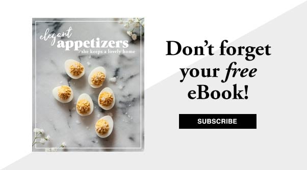 A book cover with a title that says “Elegant Appetizers,” beside a title that says “Don’t forget your free ebook! Subscribe.”