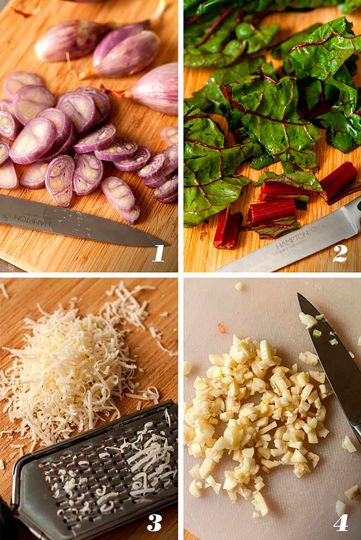 A collage of 4 numbered images showing how to prep ingredients.