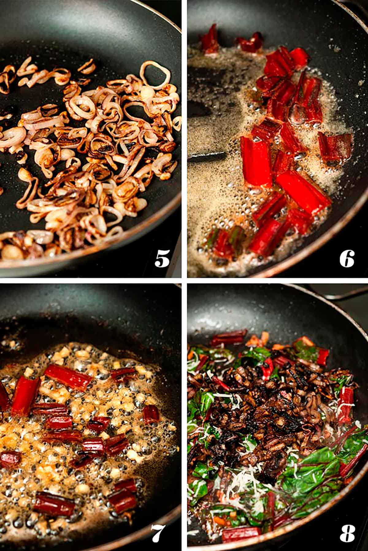 A collage of 4 numbered images showing how to caramelize shallots, and sauté chard.
