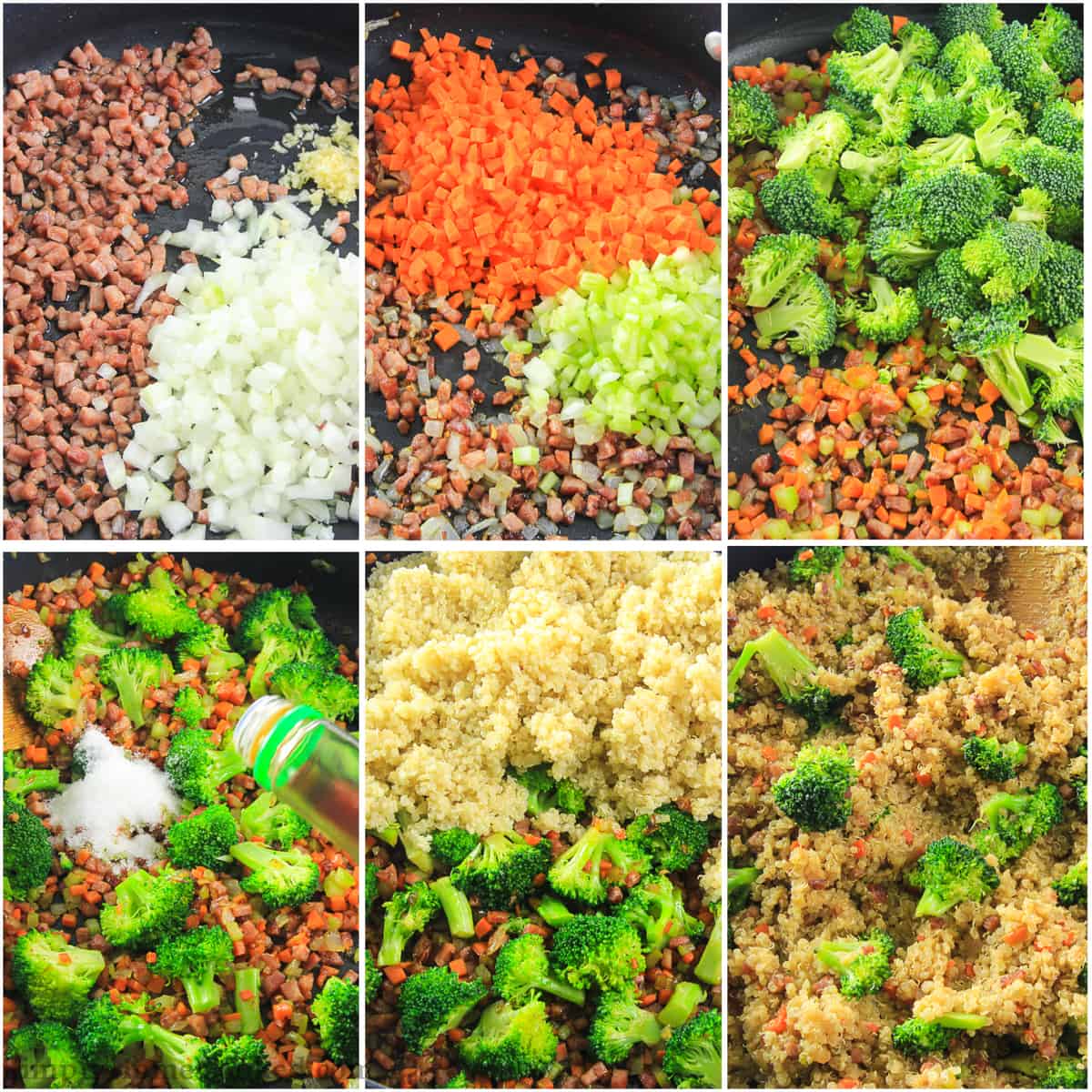 a step by step photo collage on how to make a quinoa fried rice in a skillet