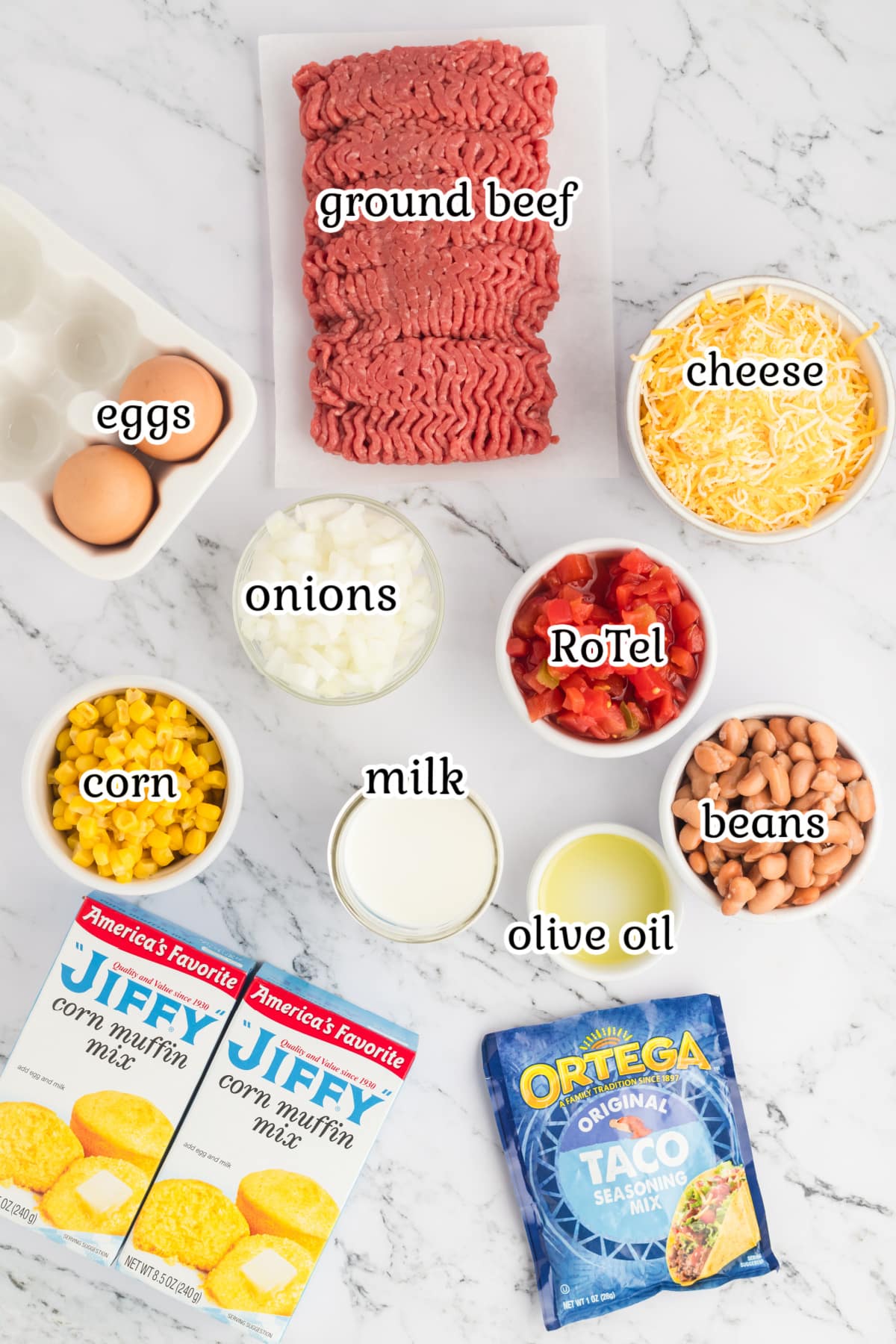 Ingredients to make casserole dish with print overlay.