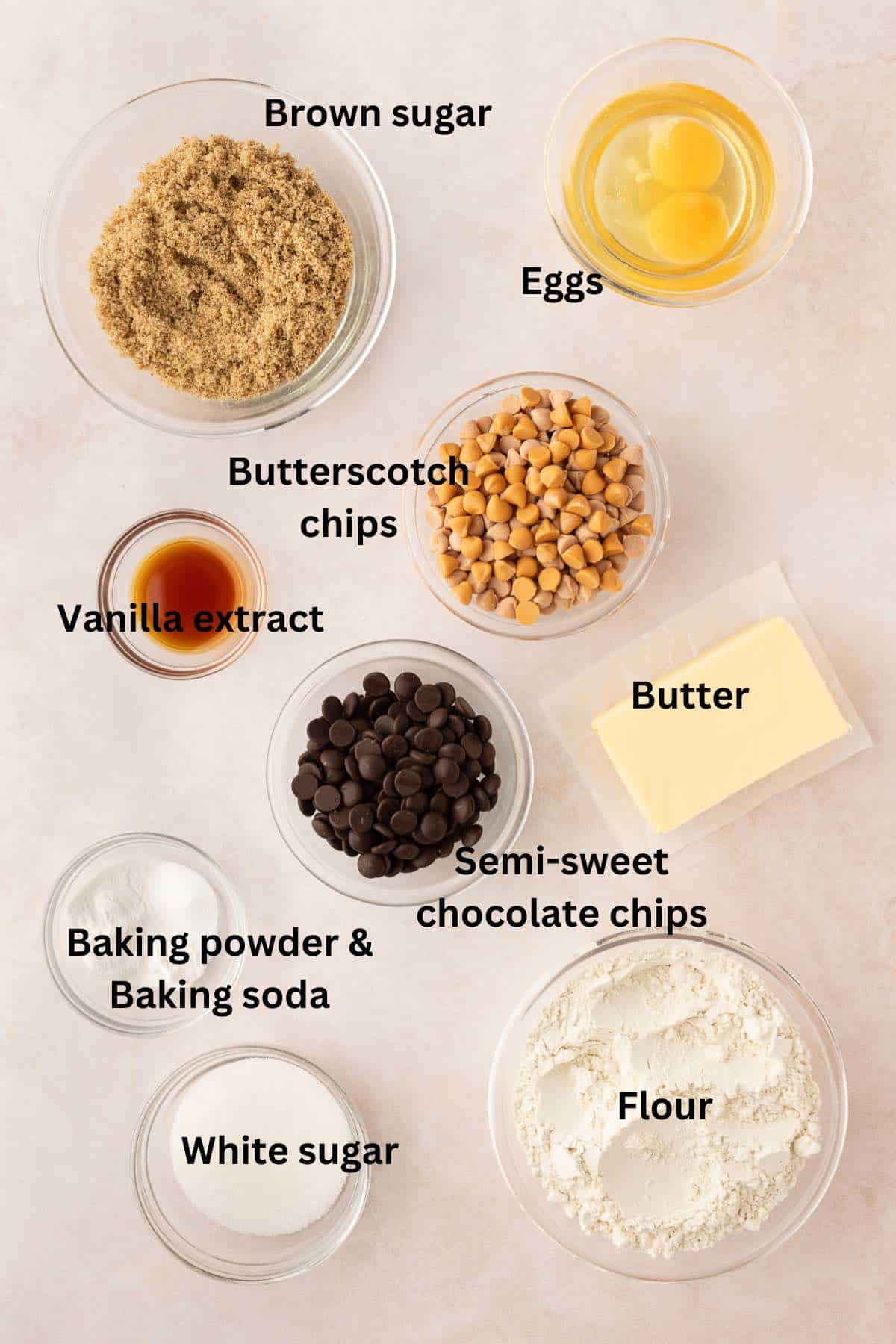 Cookie ingredients include chocolate and butterscotch chips, flour, sugar, and butter. 