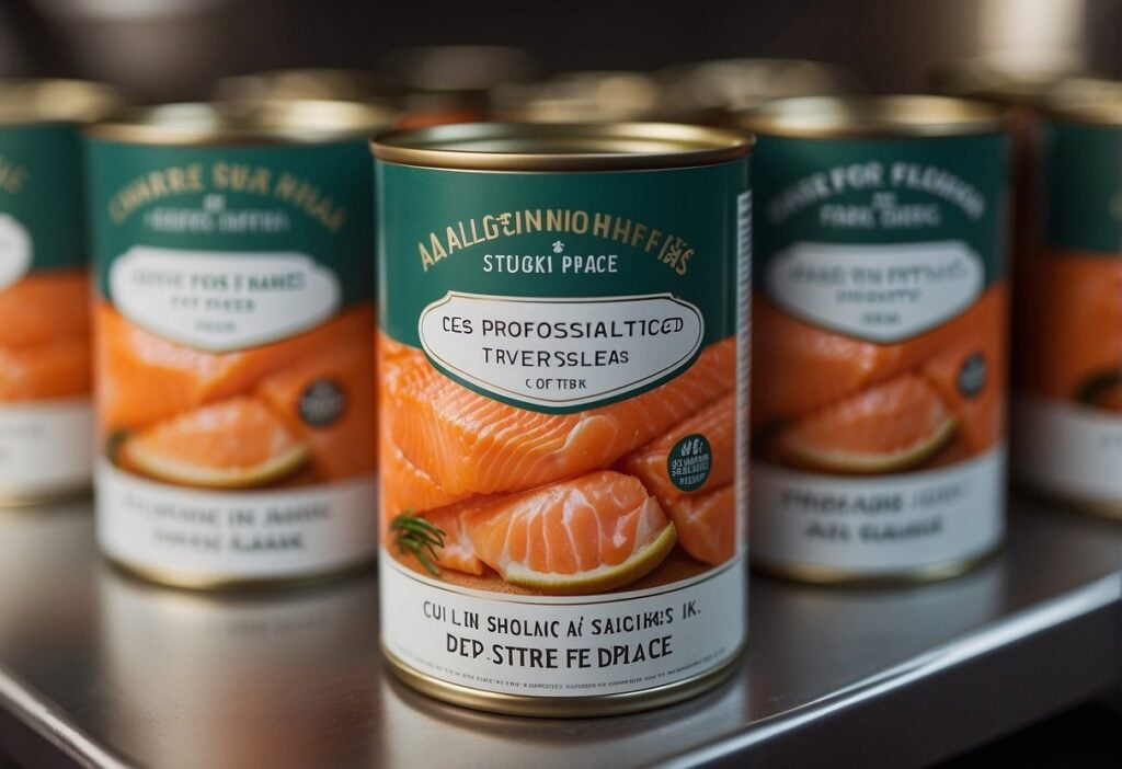 Canned salmon on a pantry shelf next to other canned goods. Label reads "store in a cool, dry place."