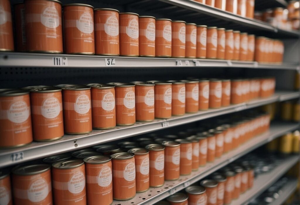 Canned salmon stored on sturdy, organized shelves in a cool, dry pantry. Labels facing outward for easy identification. No signs of damage or rust on the cans