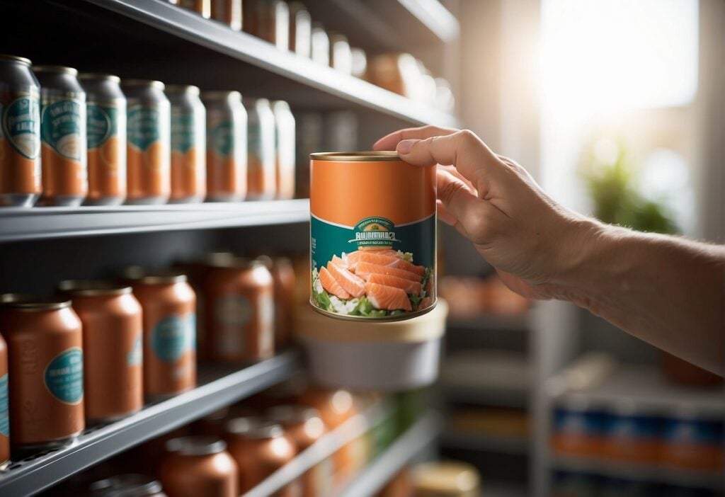 A hand reaches into a pantry, grabbing a can of salmon. The can is then placed on a shelf, away from direct sunlight and heat