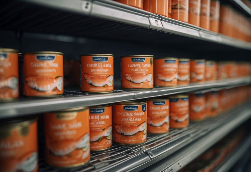 Canned salmon arranged on shelves by brand and variation in a cool, dry storage area
