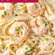 Shrimp alfredo Pinterest graphic with text and photos.