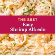 Shrimp alfredo Pinterest graphic with text and photos.