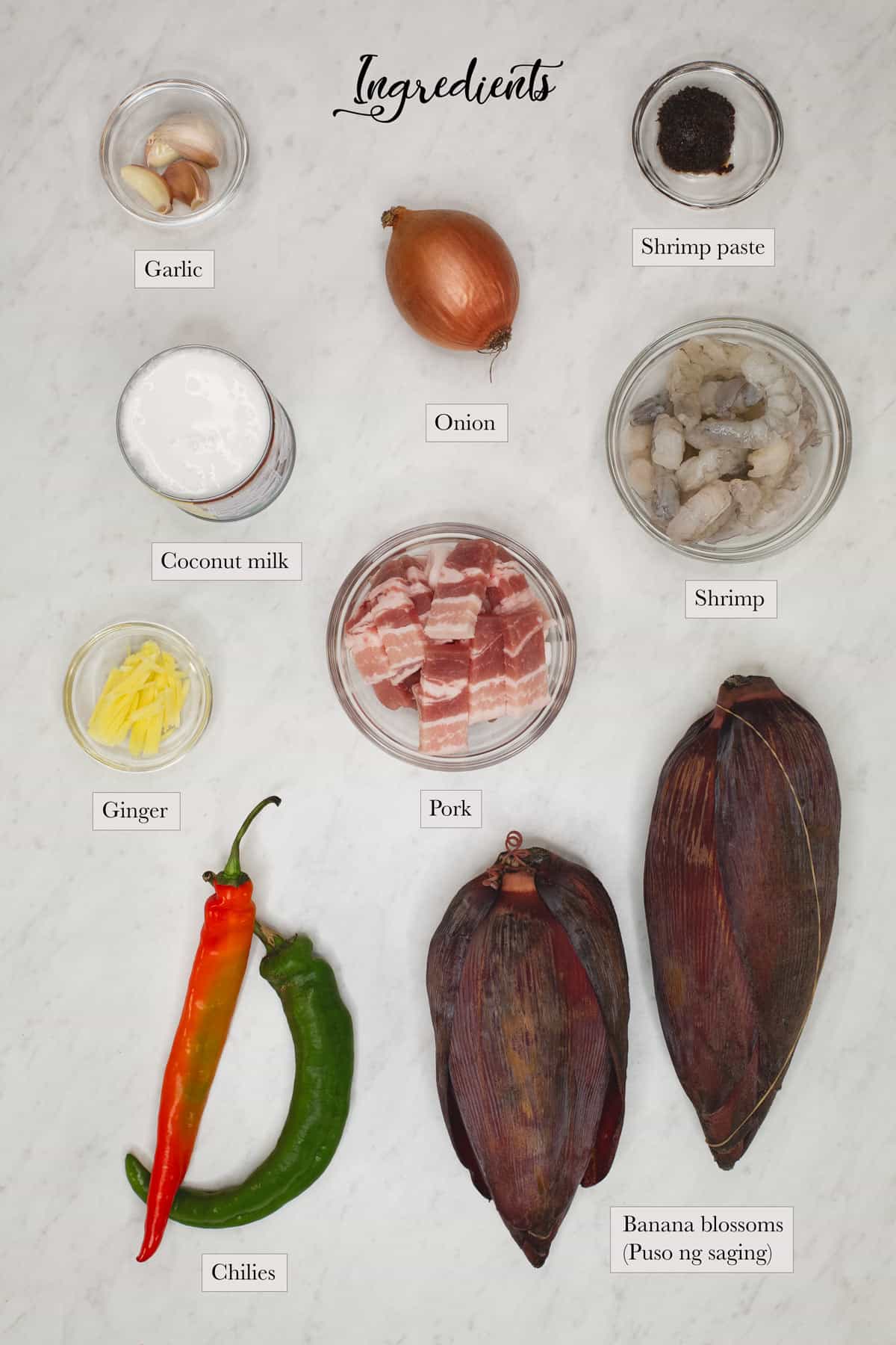 Individual ingredients for puso ng saging.