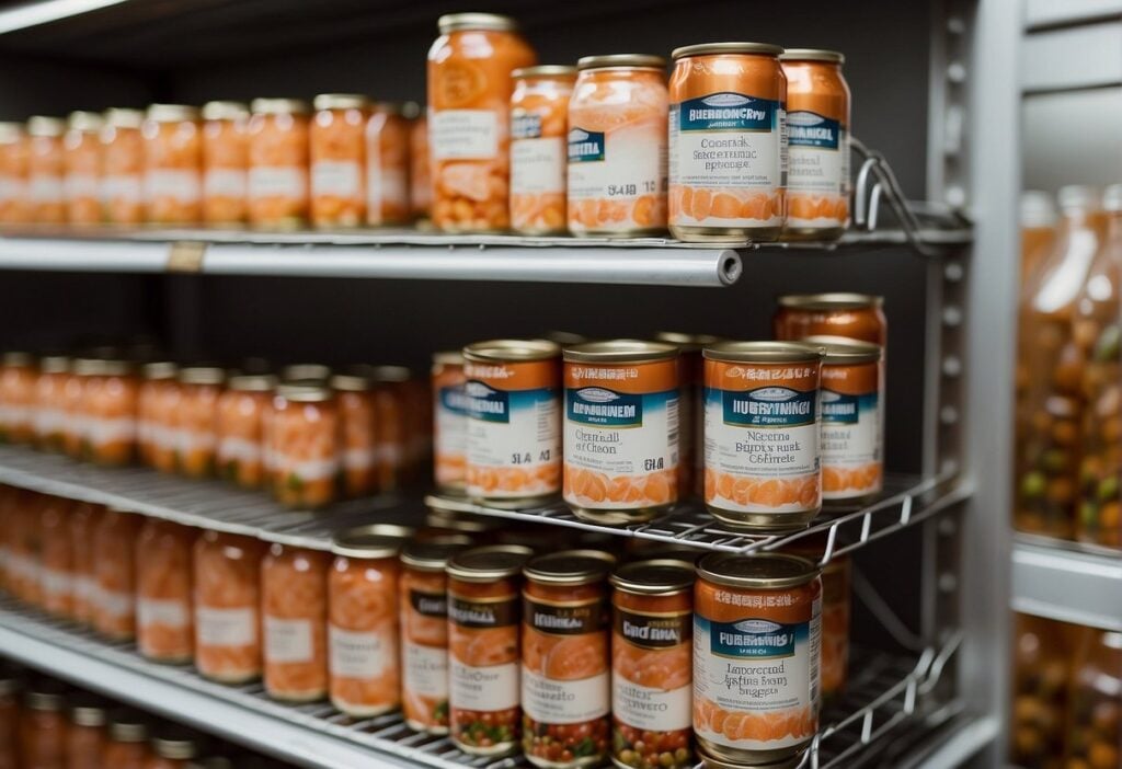 Canned salmon on shelf with other canned goods, organized and labeled for easy access