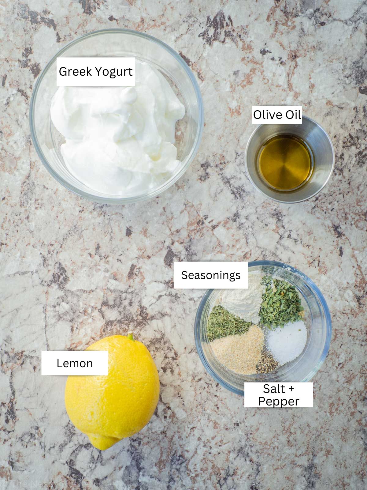 Ingredients for Greek yogurt ranch dip.