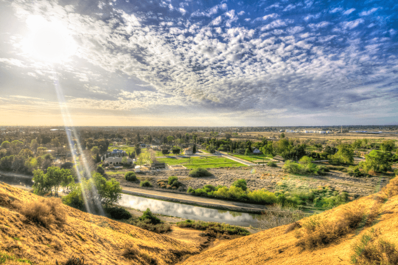 An aerial view of Bakersfield, California, on a bright day