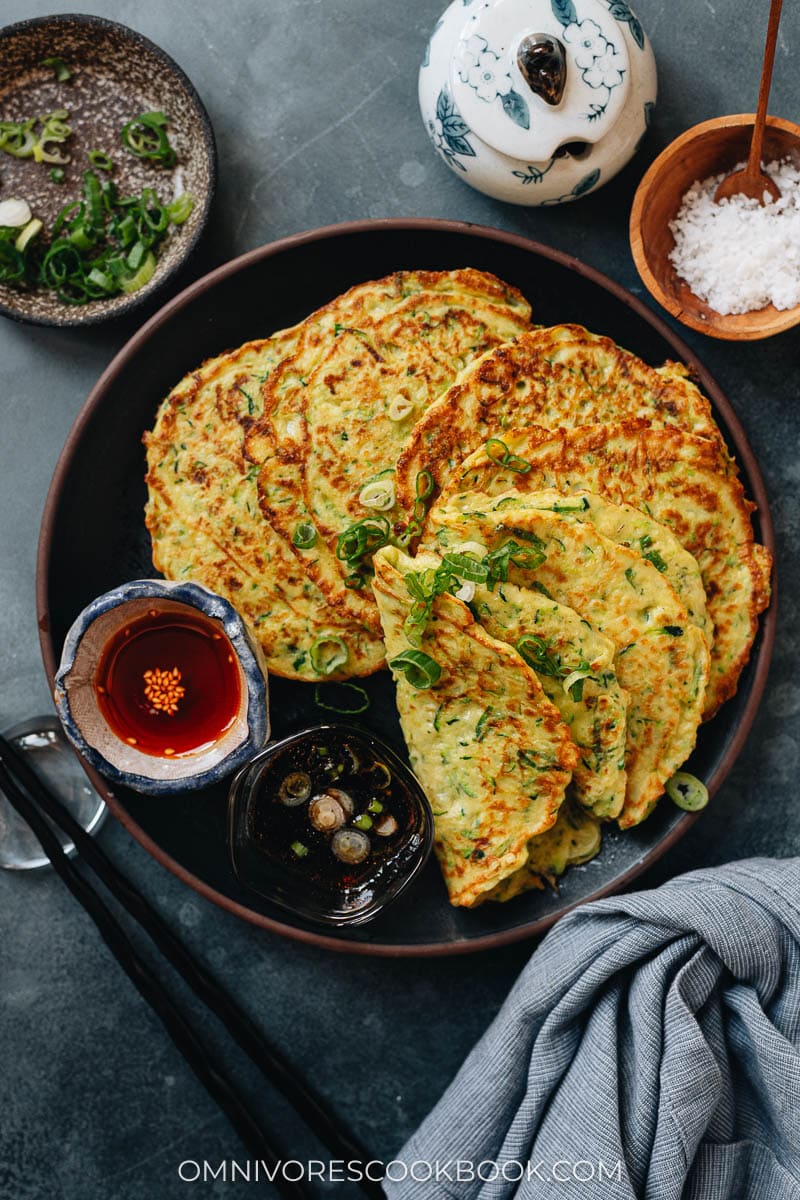 Chinese zucchini pancakes served with sauces