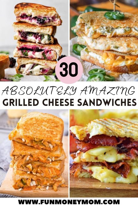 Collage of 30 unique grilled cheese sandwich variations.