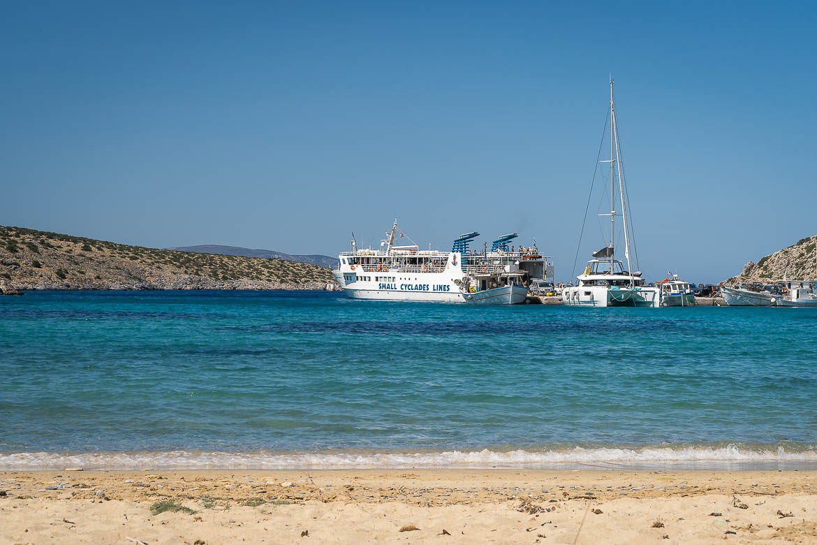 View of the Skopelitis Express local ferry docked at the port as seen from Agios Georgios beach.