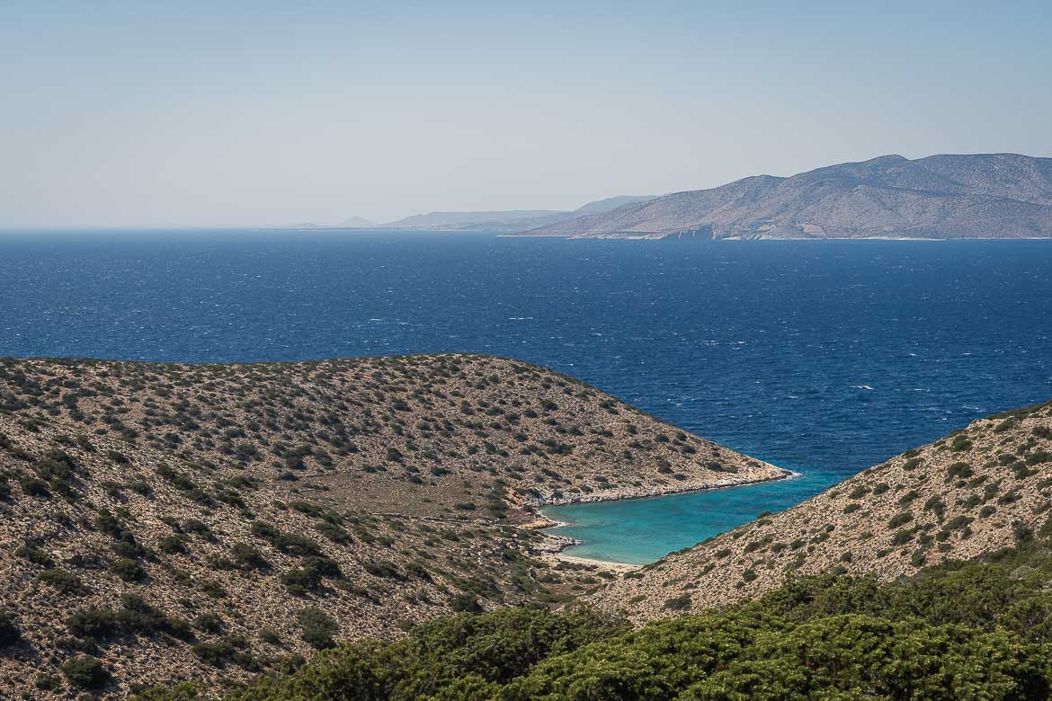 Panoramic view of Vorini Spilia beach in Iraklia Greece. 