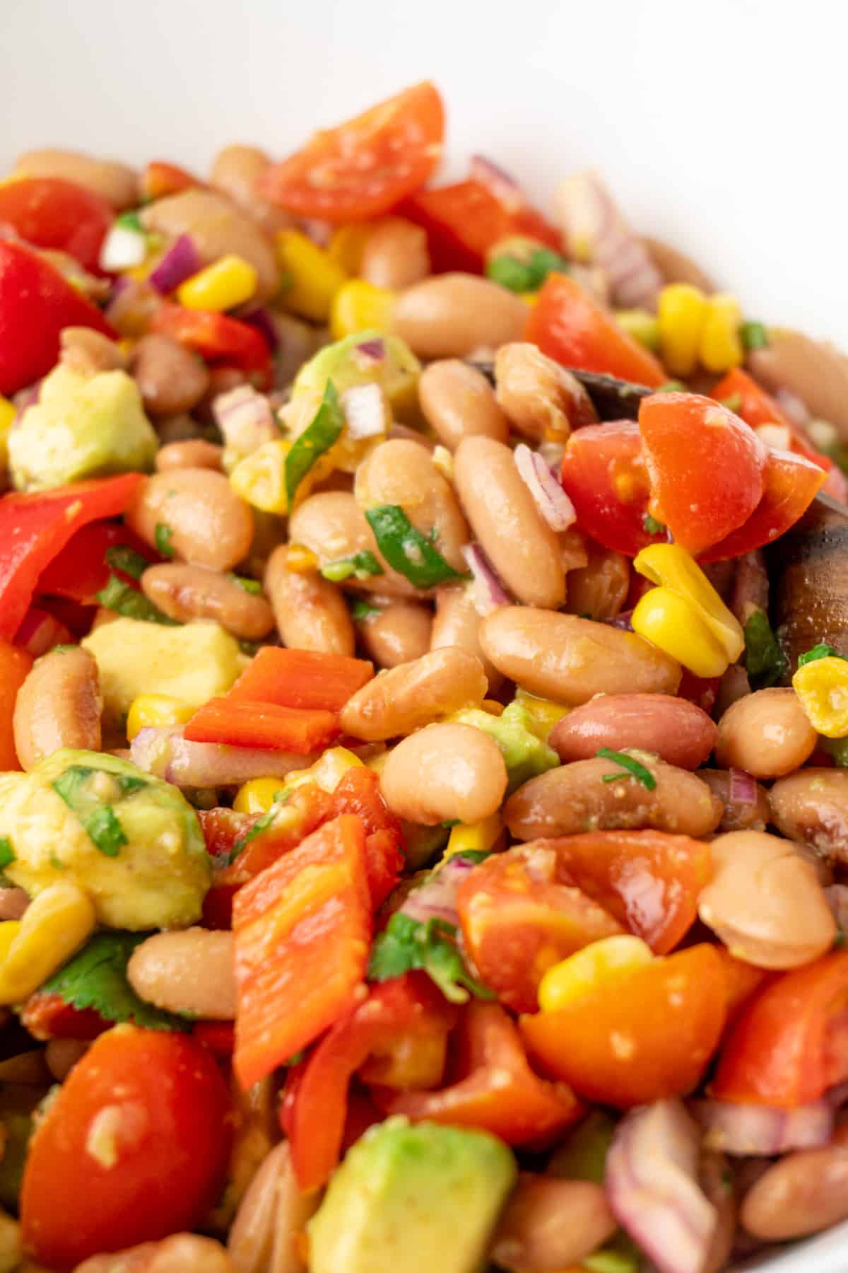 A close up angled shot of the salad prominently featyring cooked pinto beans, sliced cherry tomatoes and diced red pepper in a richly flavoured salad dressing.