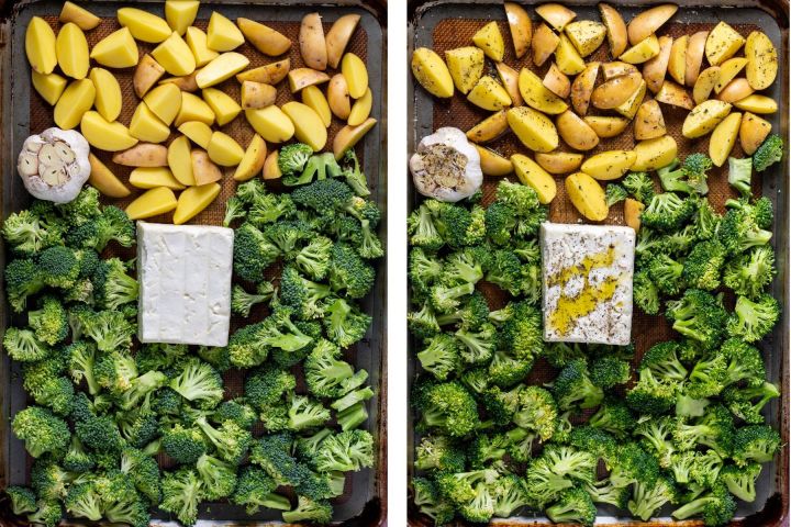 sheet pan with broccoli, potatoes, garlic and feta cheese