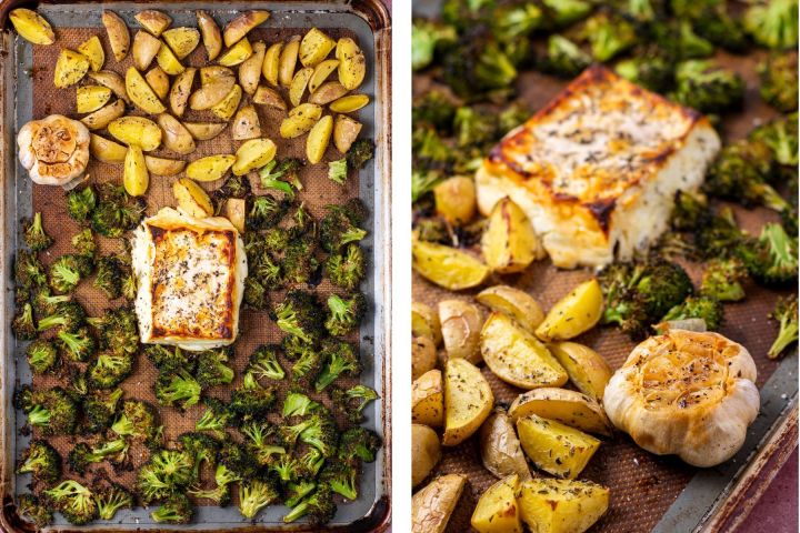 sheet pan with roasted garlic and cooked potatoes and broccoli