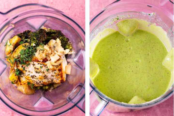 side by side photos of soup ingredients in a blender unblended and the blended green soup