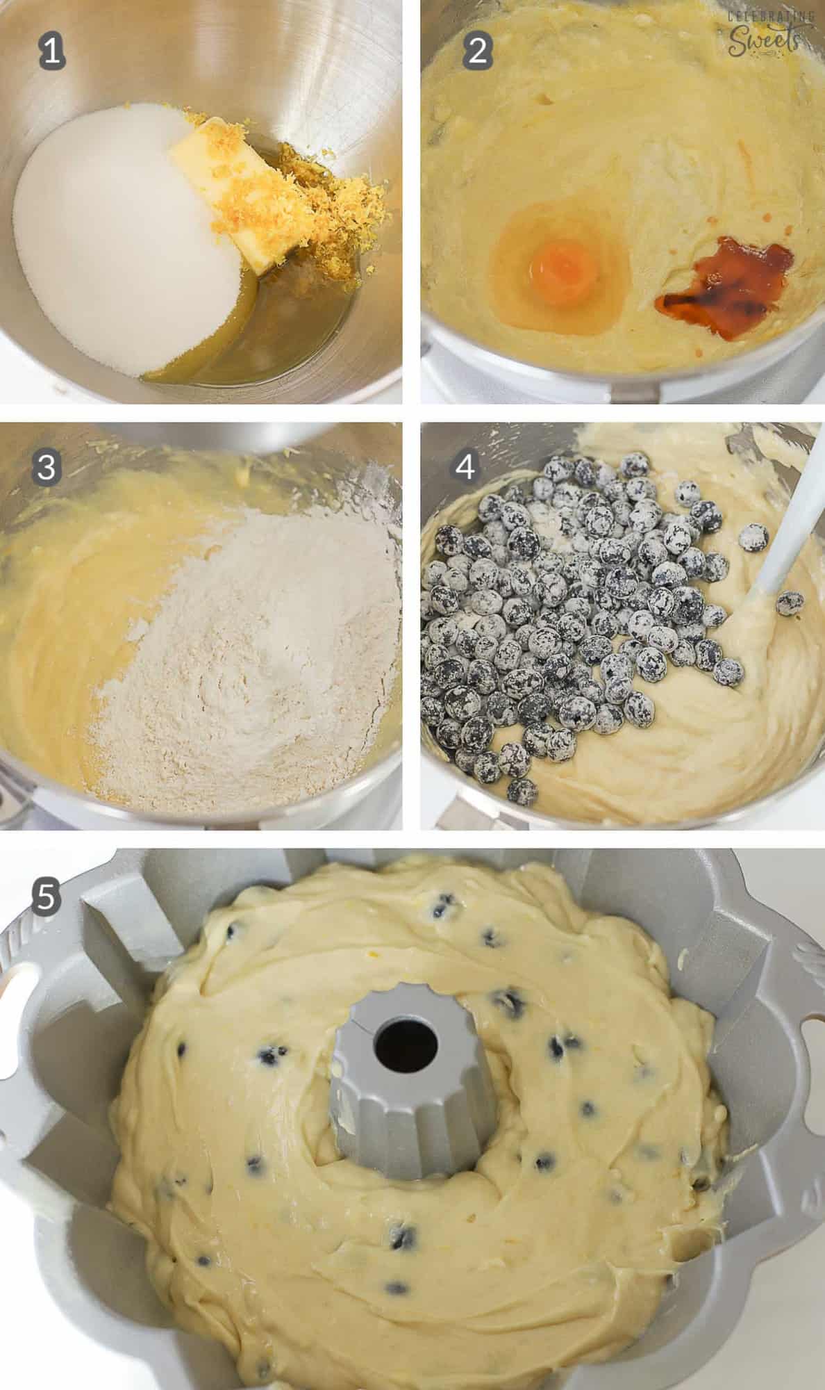 Five photo collage of how to make lemon blueberry bundt cake (batter in a large bowl and in a bundt pan).