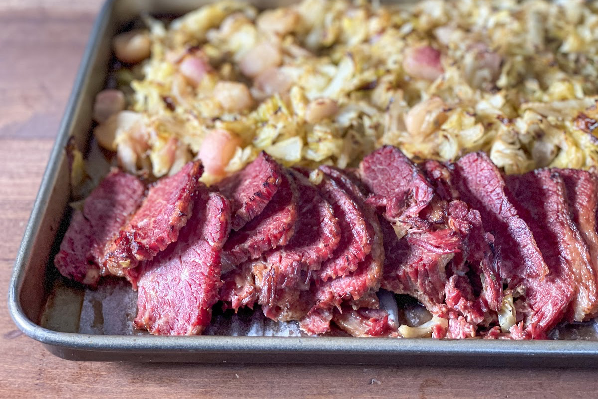 keto corned beef and cabbage on baking tray