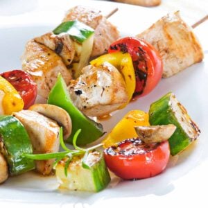 chicken kabobs on a plate