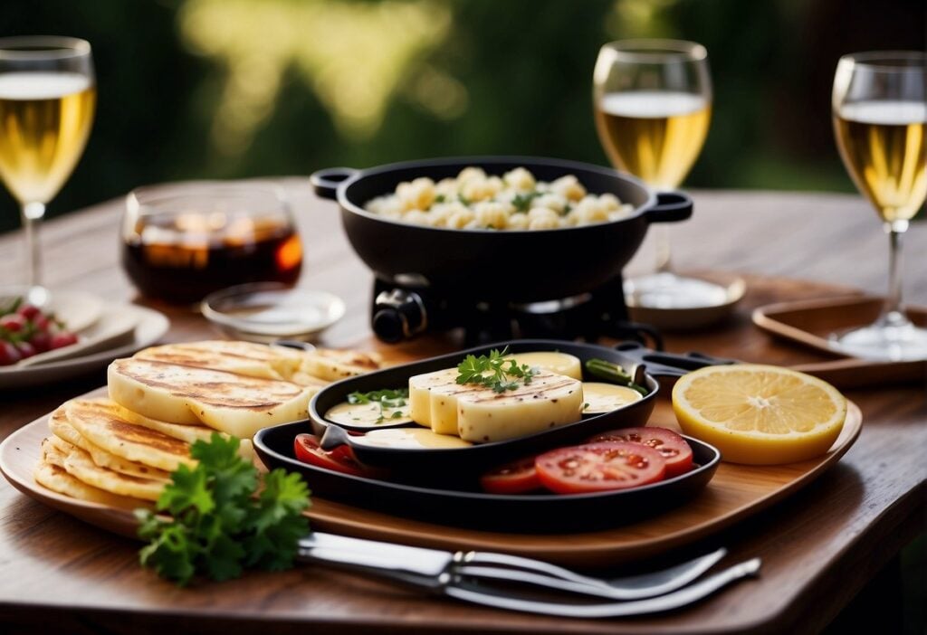 A table set with a bubbling raclette grill, surrounded by glasses of red and white wine, and assorted beverages