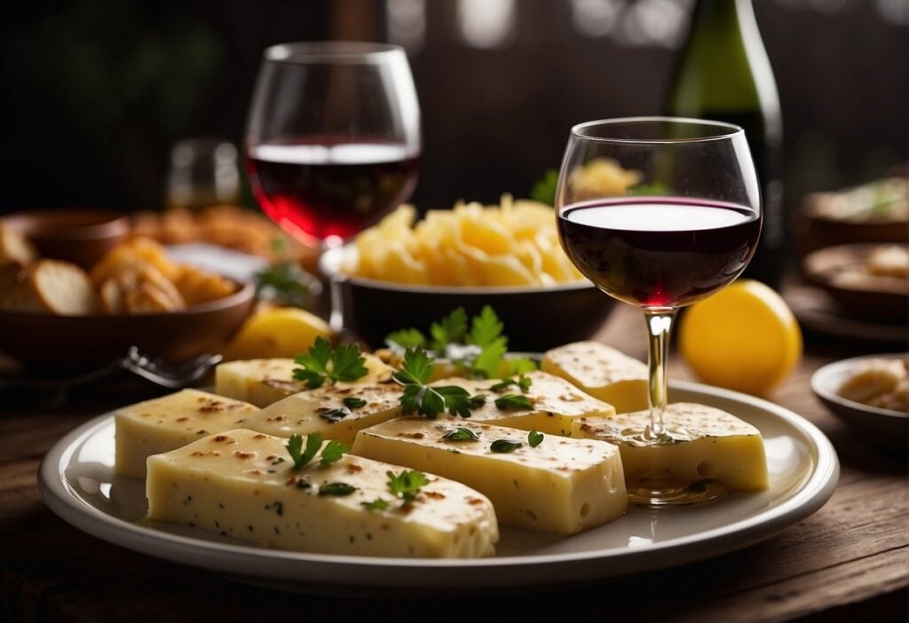 A table set with melted raclette cheese, wine, and beverages