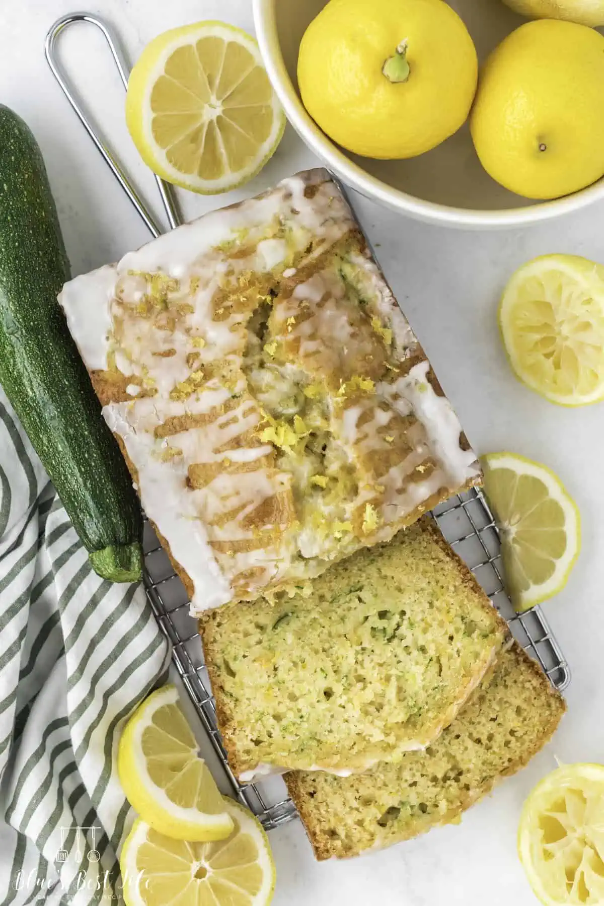 The lemon zucchini bread on a rack. 