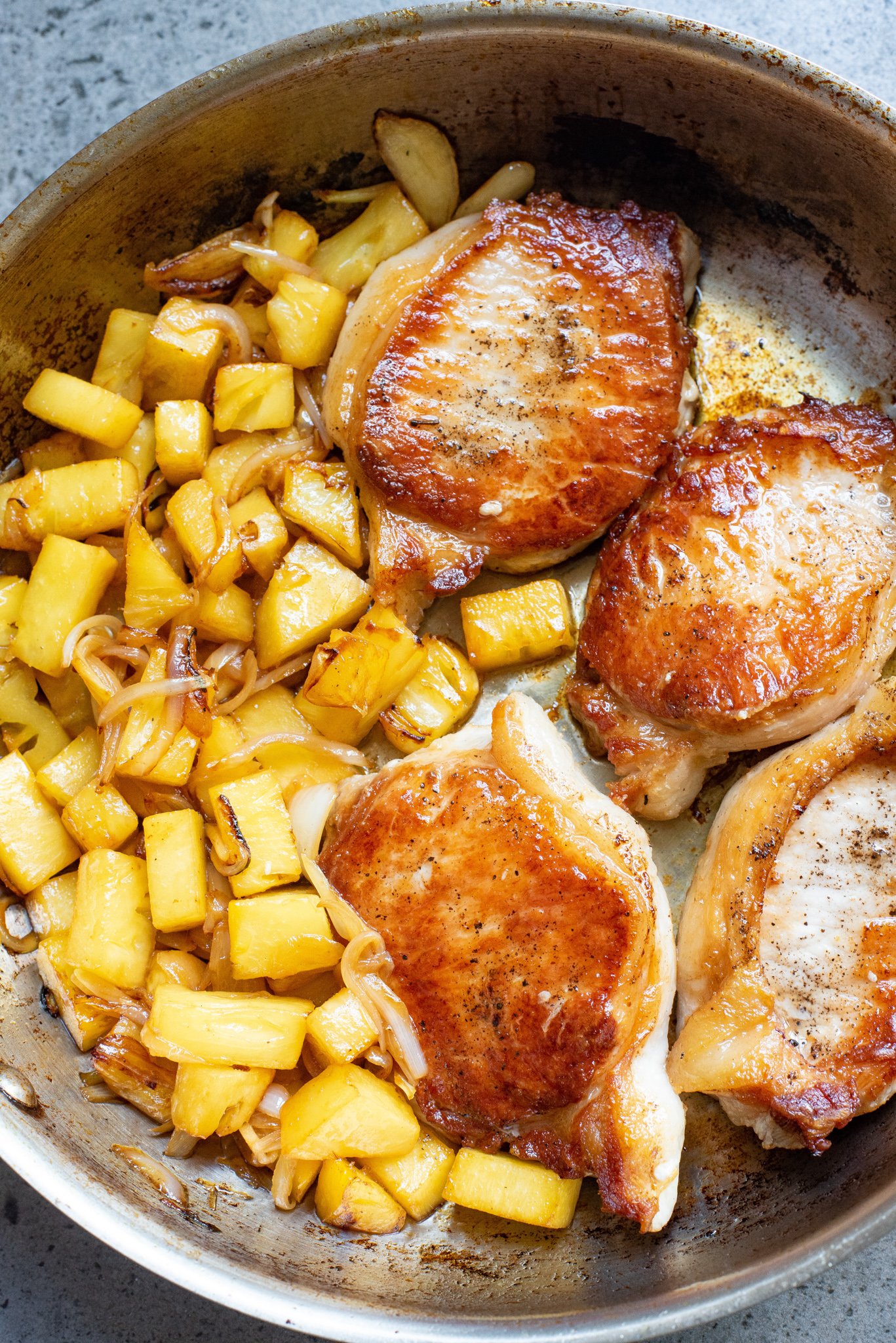 Easy pineapple pork chops in a skillet. 