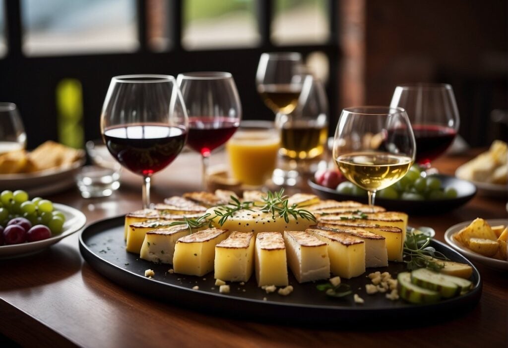 A table set with raclette, wine, and beverages. Cheeses melting, glasses clinking, and a cozy atmosphere